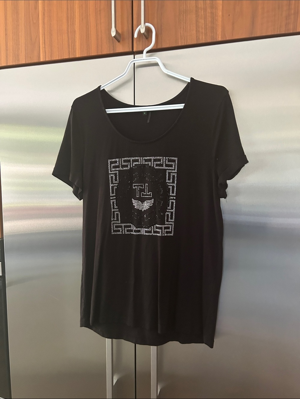 Tricotto Black Short Sleeve Tee with Rhinestone Crest